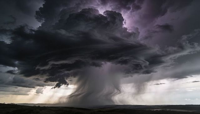 Roaring Supercell Cumulonimbus Forming Dramatic Rain Shaft and Lightning over Rural Plains