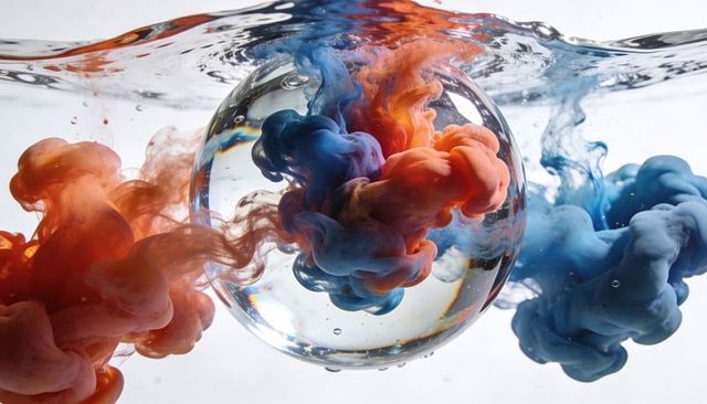 Glass orb refracting orange and blue ink plumes underwater, abstract color diffusion