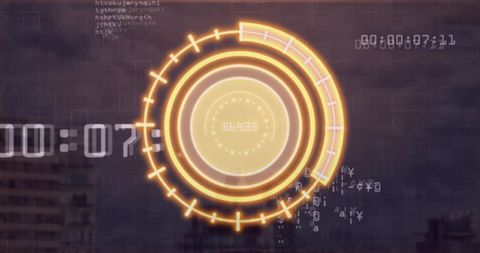 Orange holographic hud projecting radial data overlay over urban skyline at dusk futuristic interfac
