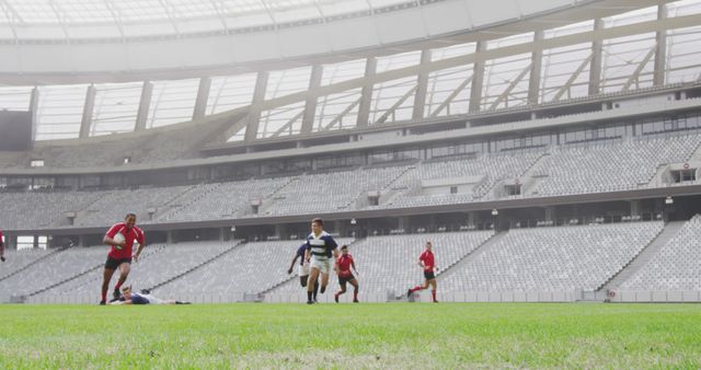 Rugby players competing in empty stadium under blue sky - Download Free Stock Images Pikwizard.com