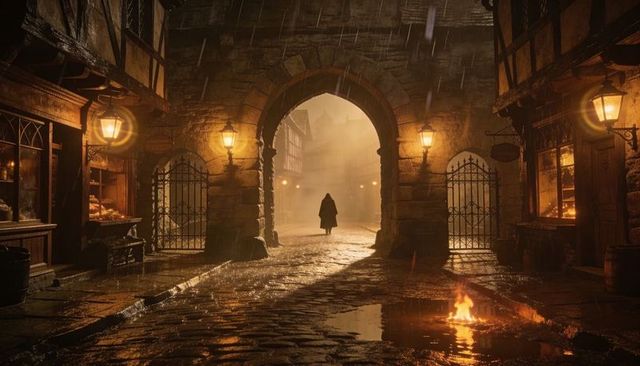 Cloaked traveler walking through lantern-lit stone arch on foggy wet cobblestone street