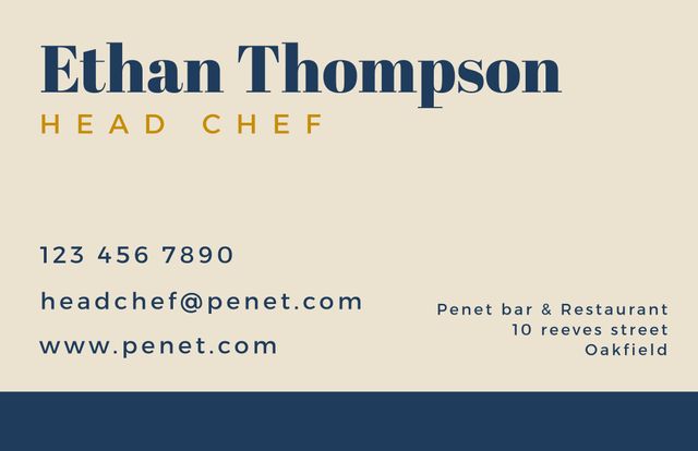 Business card featuring head chef's contact details with a stylish blue and beige design. Ideal for a professional culinary expert working in restaurant management or gourmet dining. Can be used for networking events, culinary shows, business meetings, and professional introductions in the food industry.