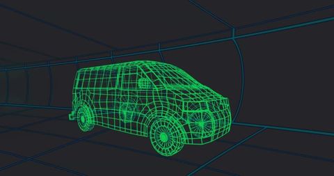 Neon green wireframe van in futuristic tunnel
