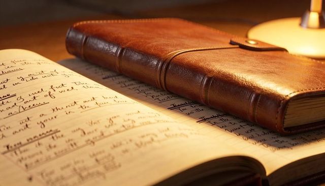 Resting leather journal on open handwritten notebook under warm lamp glow vintage tabletop