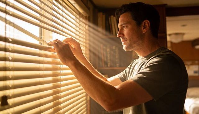 Man peeking through sunlit blinds in quiet home interior, warm golden morning light