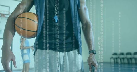 Coach Holding Basketball and Smartphone on Gym Court with Digital Analytics Overlay Teal