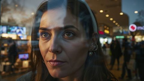 Gazing portrait of woman reflected in shop window with headband and hoop earrings