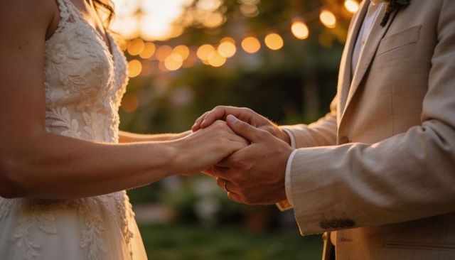 Bride and groom holding hands during golden hour garden wedding with lace dress, beige suit