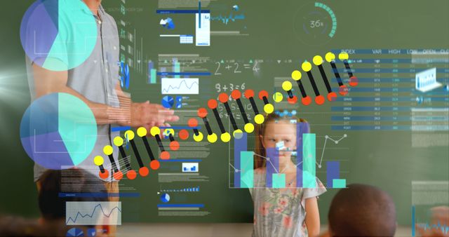 Image depicts a teacher facilitating a lesson on genetics using advanced technology holograms in a classroom setting. Overlaid DNA strand and data charts emphasize the scientific focus, suggestive of engaging STEM education for young students. Useful for educational content, technology in education, scientific learning materials, or promoting innovative teaching methods.