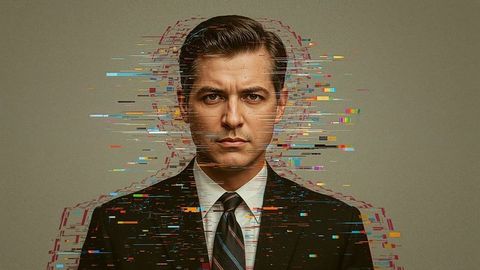 Prosecutor businessman in suit with digital glitch effect