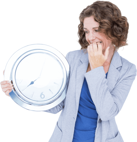 Worried Businesswoman Holding Transparent Clock on Deadline