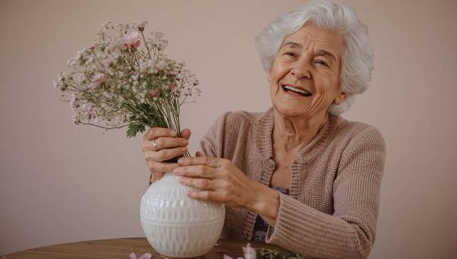 Senior woman arranging pink bouquet with baby's breath in white vase, smiling gently