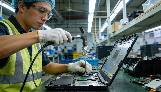 Electronics technician repairing laptop motherboard on factory bench with soldering hammer