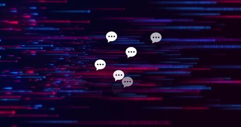 Glowing speech bubbles on digital light trails background