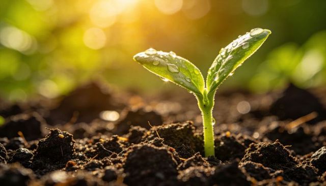 Sunlit seedling sprouting from soil with dewdrops and golden bokeh sunrise