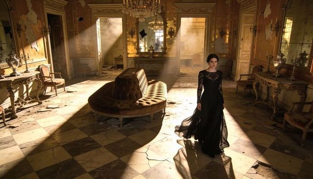 Woman in black lace gown walking through decaying gilded ballroom bathed in sunlight