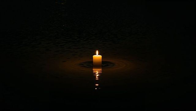 Floating candle casting warm reflection on calm dark water, minimal night solitude