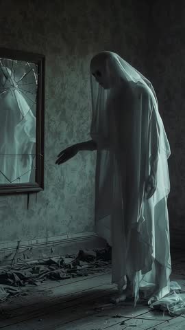 Sheeted Figure Lifting Fingertip at 3s While Staring into Cracked Mirror in Abandoned Room
