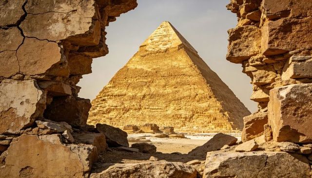 Limestone arch framing great pyramid at giza desert ruins with crumbled rubble foreground