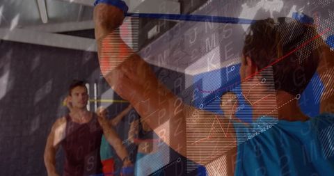 Group strength training holding resistance bands featuring digital data overlay