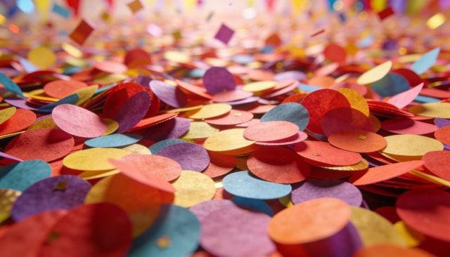 Closeup layered multicolor paper confetti pile creating sparkling party texture macro