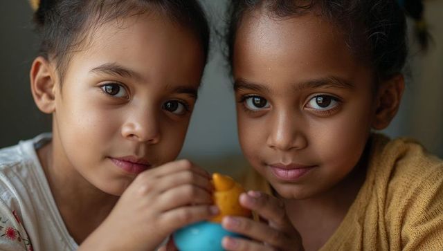 Two sisters holding colorful toy looking at camera closeup intimate childhood portrait