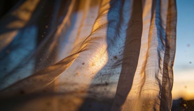 Billowing sheer curtain catching golden-hour light, backlit translucent fabric, dust specks