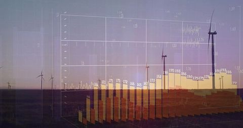 Wind energy data visualization at dusk with 3d charts