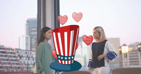 Two Women Engaging with USA Flag Hat Sprite and Cartoon Hearts