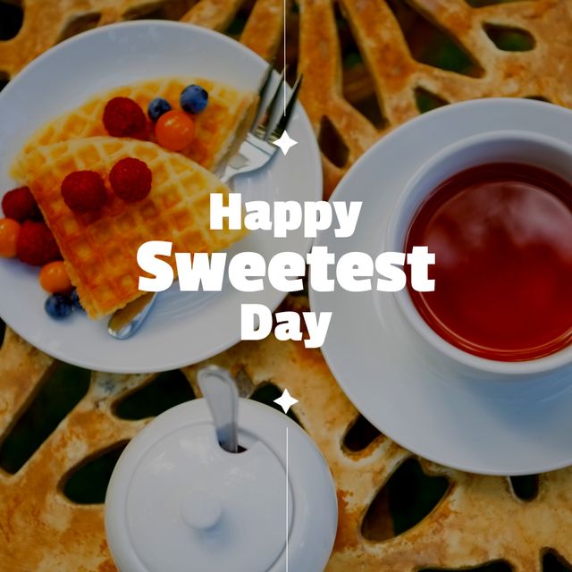 Image of happy sweetest day over cup of tea and waffles - Download Free Stock Videos Pikwizard.com