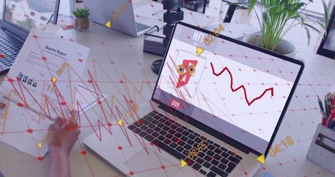 Analyzing nft market trends on laptop with quarter report, financial charts and data overlay