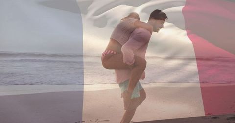 Romantic Moment on Beach with French Flag Overlay