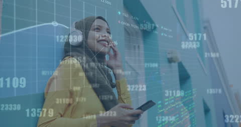 Smiling Woman with Headphones Amid Digital Data Animation