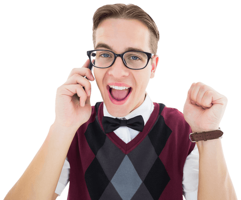 transparent image of excited geeky person talking on phone - Download Free Stock Videos Pikwizard.com