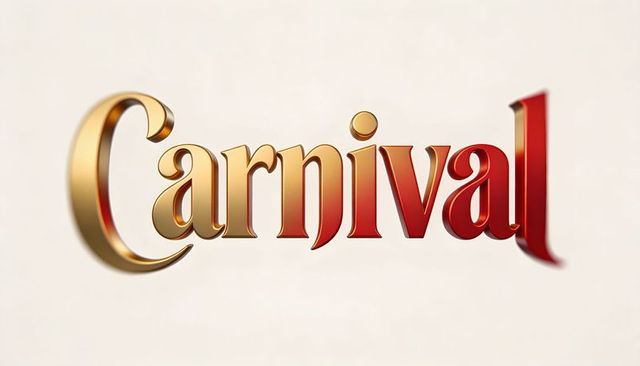Carnival wordmark shining with gold-to-red metallic gradient and glossy finish on cream