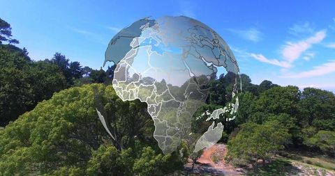 Digital Globe Floating in Nature Park Symbolizing Environmental Exploration