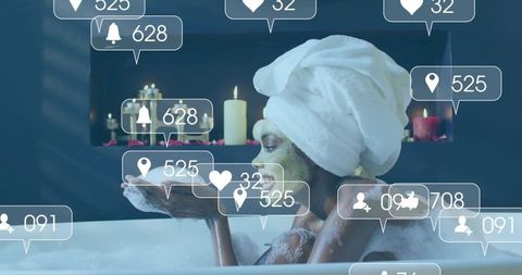 Relaxing spa bath with social notifications overlay, digital wellness and self-care