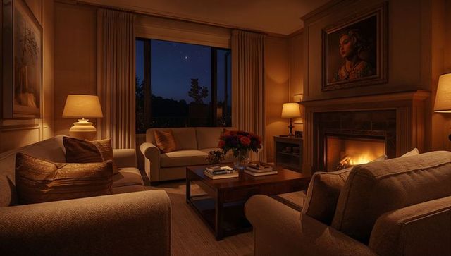 Cozy living room at night with lit fireplace, wooden coffee table and floral centerpiece