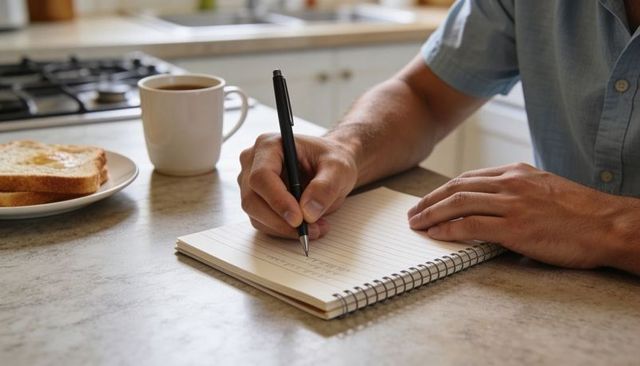 Morning journaling at kitchen counter, coffee and toast, hands writing in spiral notebook