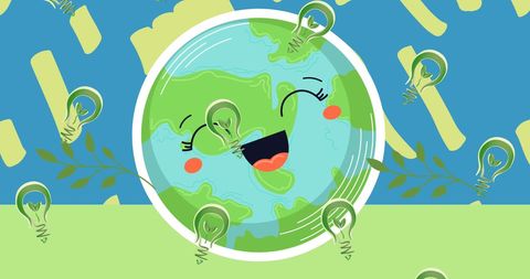 Smiling Earth Cartoon Surrounded by Eco-Friendly Light Bulbs