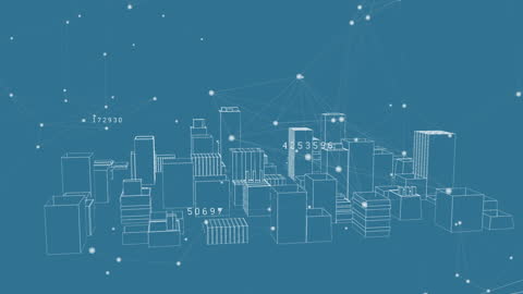 Digital Network Connections in Futuristic Cityscape