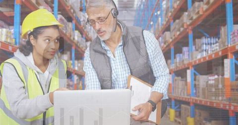 Warehouse Team Planning Logistics with Modern Tech Overlay