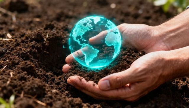 Hands holding soil with glowing holographic earth globe representing sustainable technology