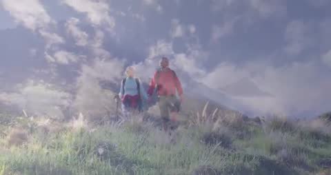 Couple Hiking Through Serene Mountain Meadow with Health Graphics