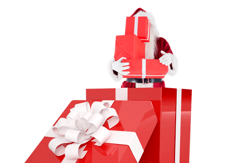 Santa claus standing in oversized gift box with presents transparent background