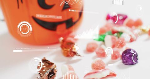 Displaying Halloween candy with jack-o-lantern bucket and colorful wrappers