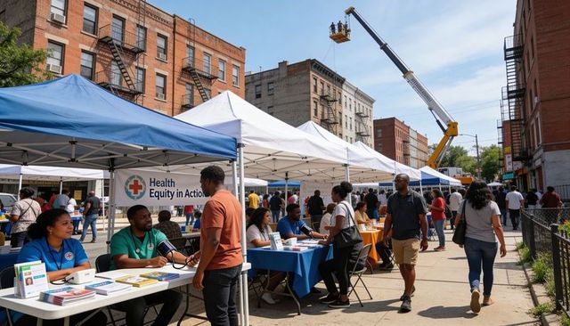 Community health fair outreach promoting health equity in action on urban street festival