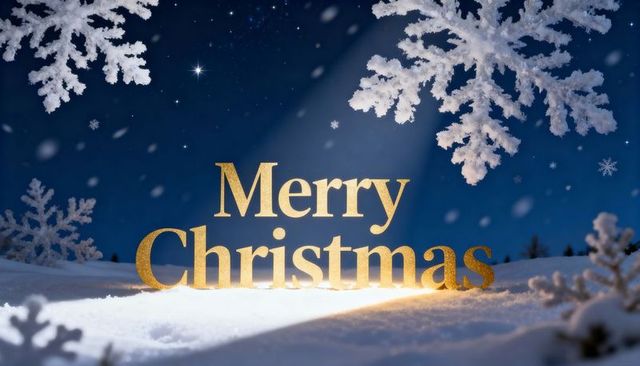 Glowing golden merry christmas lettering casting warm light across snowy night scene