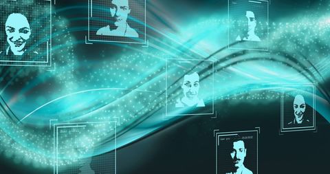 Futuristic technology interface with digital portraits and light trails