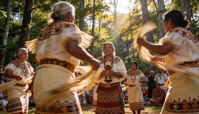 Elders leading ceremonial dance holding rattle while dancers twirl fringed skirts in forest